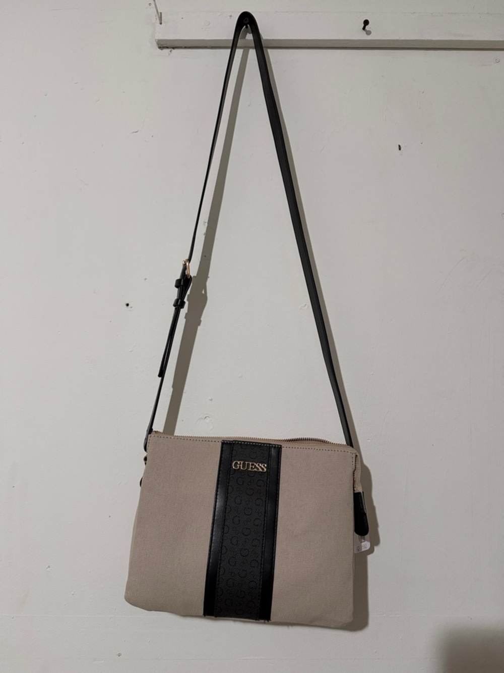 Guess Taupe Crossbody Bag with Black Center Stripe